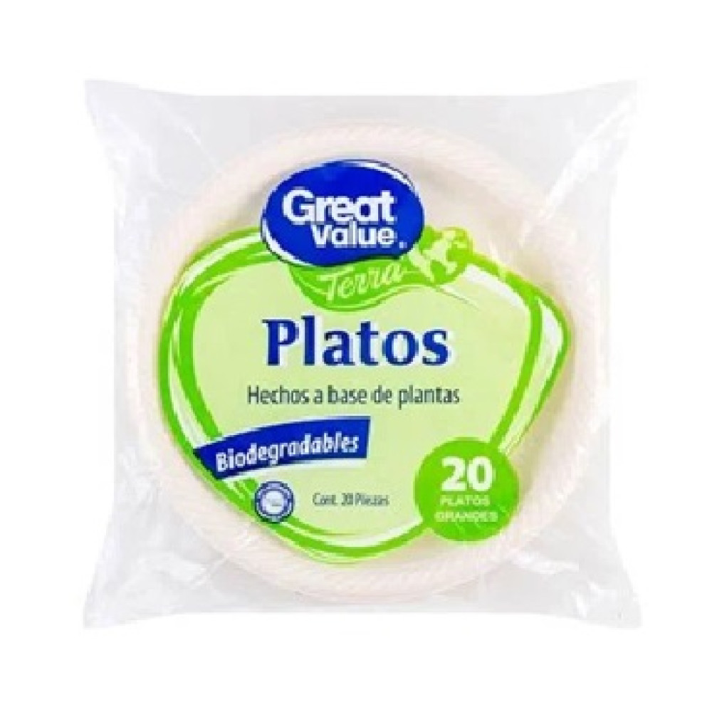 PLATO DESECHABLE GREAT VALUE TERRA GRADE PQT C/20 PZAS (WMT)